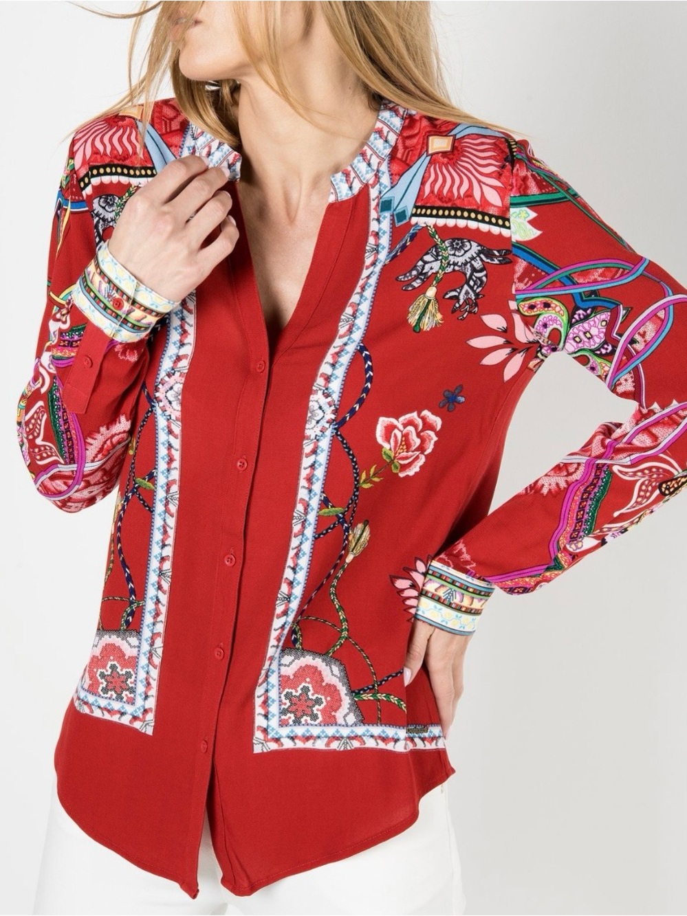 Desigual Red Engineered Print in Floral & Geometric Button-Down Blouse